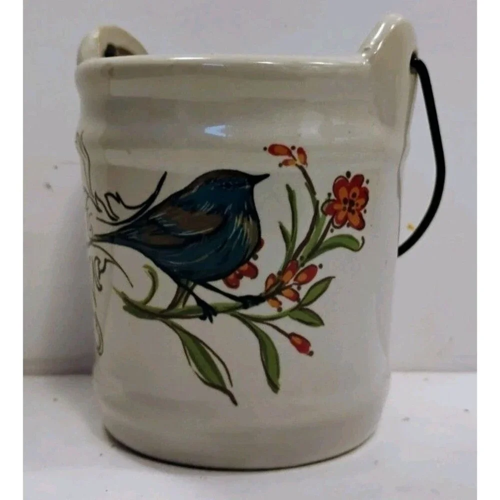 Vtg Hand Painted Blue Bird Small Ceramic Pail Crock Match Holder Bucket Handle 3